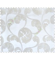 Large scroll with beige flower with embossed look on half white cream shiny fabric main curtain